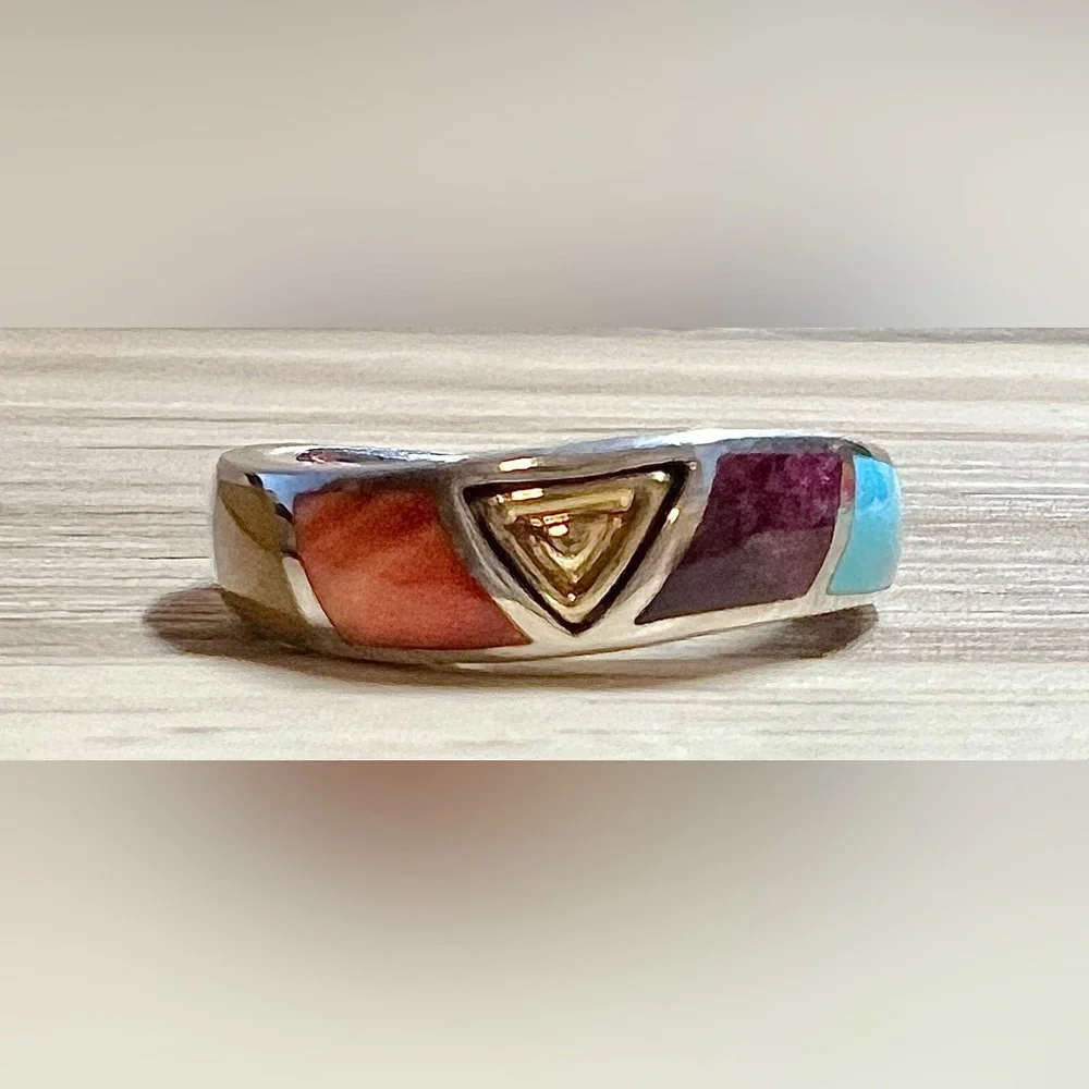Eric Grossbardt Sterling Silver & 18K Gold Multi Stone Inlay Ring, Size 8.75